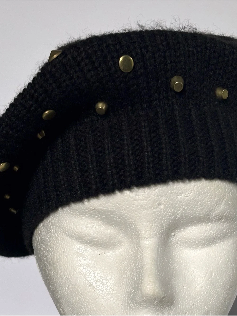 Soft Ribbed Knit Beret Gold Metal Studded Accents
